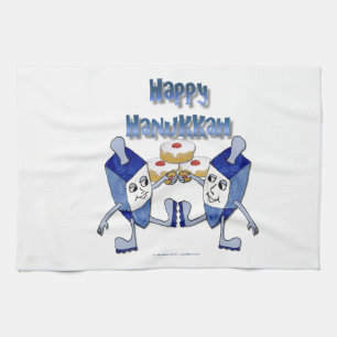 Happy Hanukkah Dancing Dreidels Jelly Doughnut Tea Towel