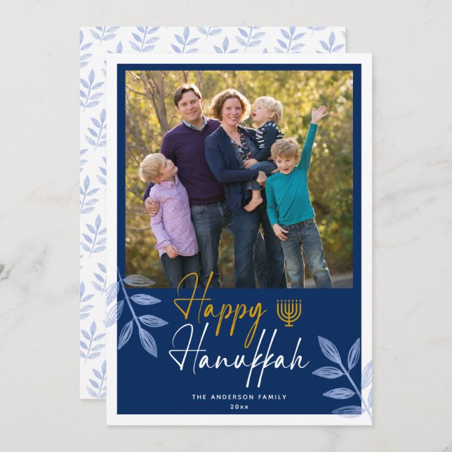 Happy Hanukkah Dark Blue Photo Holiday Card (Front/Back)