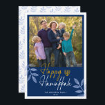 Happy Hanukkah Dark Blue Photo Holiday Card<br><div class="desc">This Hanukkah greeting card features a square photo and trendy handwritten text "Happy Hanukkah" on a dark blue background. The design is accented with light blue leaves.</div>