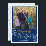 Happy Hanukkah Dark Blue Photo Holiday Card<br><div class="desc">This Hanukkah greeting card features a square photo and trendy handwritten text "Happy Hanukkah" on a dark blue background. The design is accented with light blue leaves.</div>