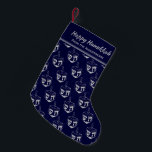 HAPPY HANUKKAH Dreidel Customised DARK BLUE Small Christmas Stocking<br><div class="desc">Dark blue HAPPY HANUKKAH stocking with silver grey DREIDEL pattern.. The placeholder text is customisable so you can add your name or change the greeting. Same design is on the reverse. Ideal way to present your small Hanukkah gifts. Also ideal for those who like to combine Hanuakkah and Christmas traditions...</div>