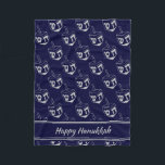 HAPPY HANUKKAH Dreidel NAVY GRAY Fleece Blanket<br><div class="desc">Stylish midnight navy blue CUBE POUF to celebrate HANUKKAH. Navy and silver grey colour theme with all over silver grey DREIDEL print. There is customisable placeholder text which says HAPPY HANUKKAH so you can personalise with your own greeting and/or name (of similar length). Matching home decor and other items are...</div>