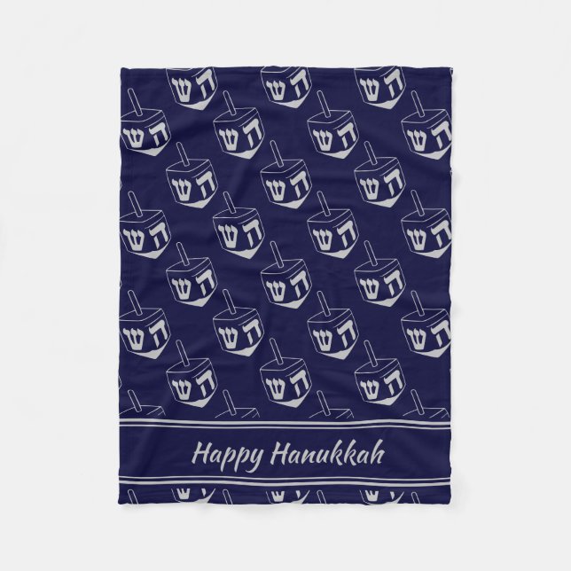 HAPPY HANUKKAH Dreidel NAVY GRAY Fleece Blanket (Front)