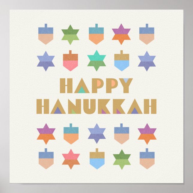Happy Hanukkah Dreidels and Stars Poster (Front)