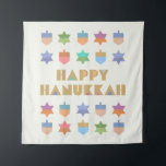Happy Hanukkah Dreidels and Stars Tapestry<br><div class="desc">A festive geometric Happy Hanukkah design with colourful dreidels and stars. A modern,  non-traditional design with stylised dreidels and Star of David shapes.</div>
