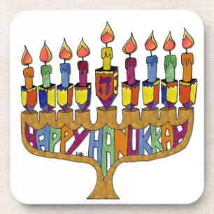 Happy Hanukkah Dreidels Menorah Coaster