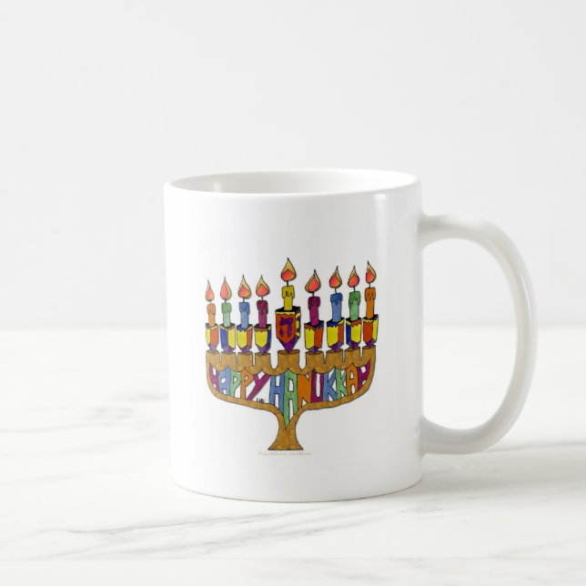 Happy Hanukkah Dreidels Menorah Coffee Mug (Right)