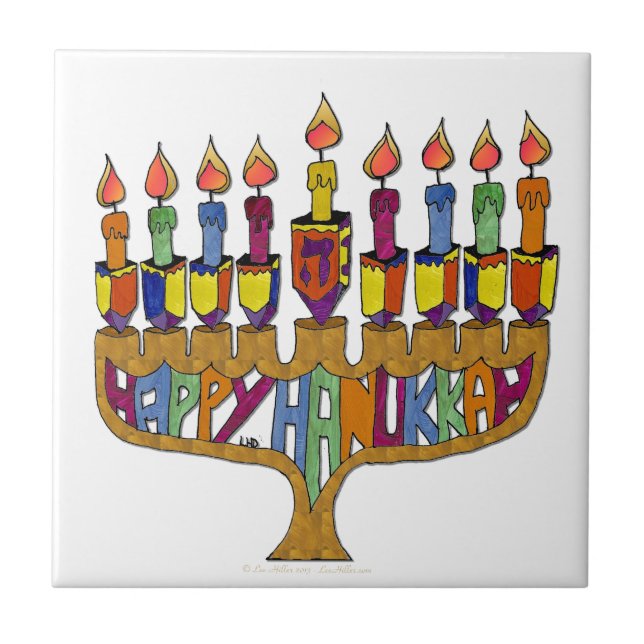 Happy Hanukkah Dreidels Menorah Tile (Front)