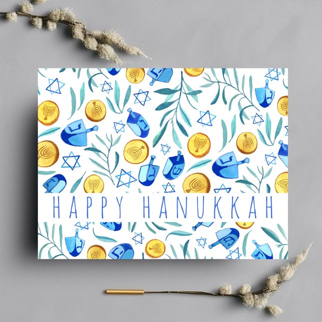 Happy Hanukkah Driedel Gelt Watercolor CUSTOM Postcard (Custom watercolor pattern Happy Hanukkah postcard)