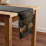 Happy Hanukkah Elegant Black & Gold Menorah Candle Short Table Runner<br><div class="desc">This beautiful table runner will make your Hanukkah celebrations truly special. Features an elegant design with burning menorah candles and lacy script lettering on a black background,  with space for your family name.</div>