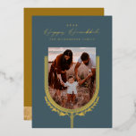 Happy Hanukkah Elegant Golden Menorah Photo Arch<br><div class="desc">Happy Hanukkah, send your Hanukkah wishes to your family and friends with our beautiful and elegant customisable gold foil photo card. Our design features our beautiful hand-drawn menorah candle and leaf elements in gold foil decorating the edges of the family arch photo frame. "Happy Hanukkah" is written in a beautiful...</div>