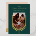 Happy Hanukkah Elegant Golden Menorah Photo Arch<br><div class="desc">Happy Hanukkah, send your Hanukkah wishes to your family and friends with our beautiful and elegant customisable gold foil photo card. Our design features our beautiful hand-drawn menorah candle and leaf elements in gold foil decorating the edges of the family arch photo frame. "Happy Hanukkah" is written in a beautiful...</div>