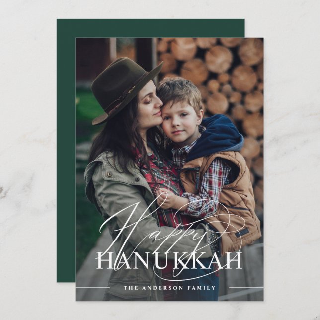 Happy Hanukkah | Elegant Script Photo Dark Green Holiday Card (Front/Back)