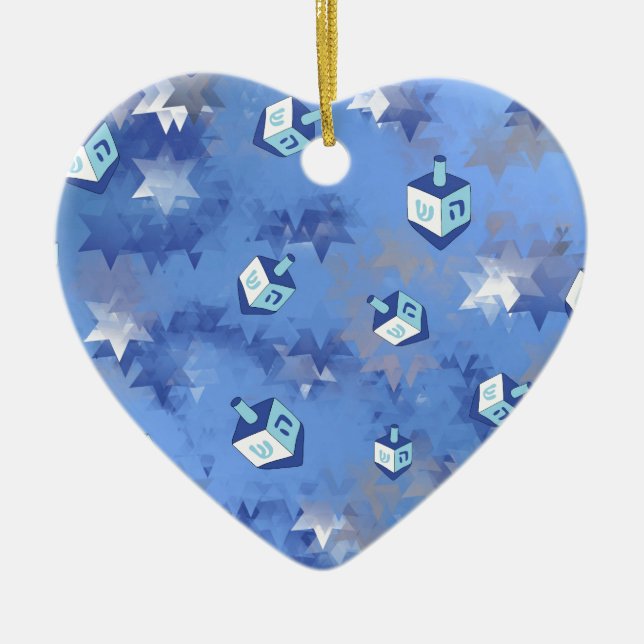 Happy Hanukkah Falling Star and Dreidels Ceramic Tree Decoration (Front)
