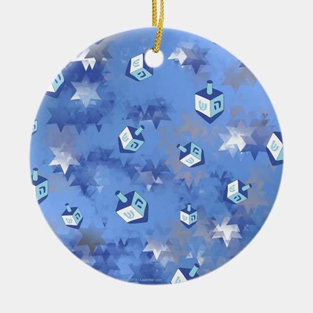 Happy Hanukkah Falling Stars and Dreidels Ceramic Tree Decoration (Front)