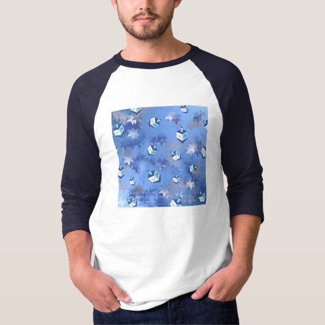 Happy Hanukkah Falling Stars and Dreidels T-Shirt (Front)