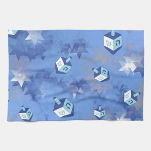 Happy Hanukkah Falling Stars and Dreidels Tea Towel