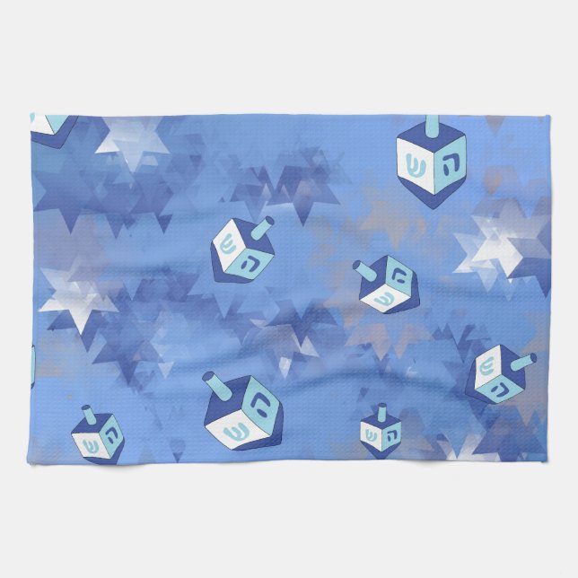 Happy Hanukkah Falling Stars and Dreidels Tea Towel (Horizontal)
