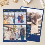 Happy Hanukkah Family 3 Photo Collage Modern Blue Holiday Card<br><div class="desc">Modern customisable Jewish family photo collage Hanukkah card with a collection of winter photos. Add 3 of your favourite Chanukah memories on this modern three photograph layout below a menorah and gold cursive script. Happy Hanukkah.</div>