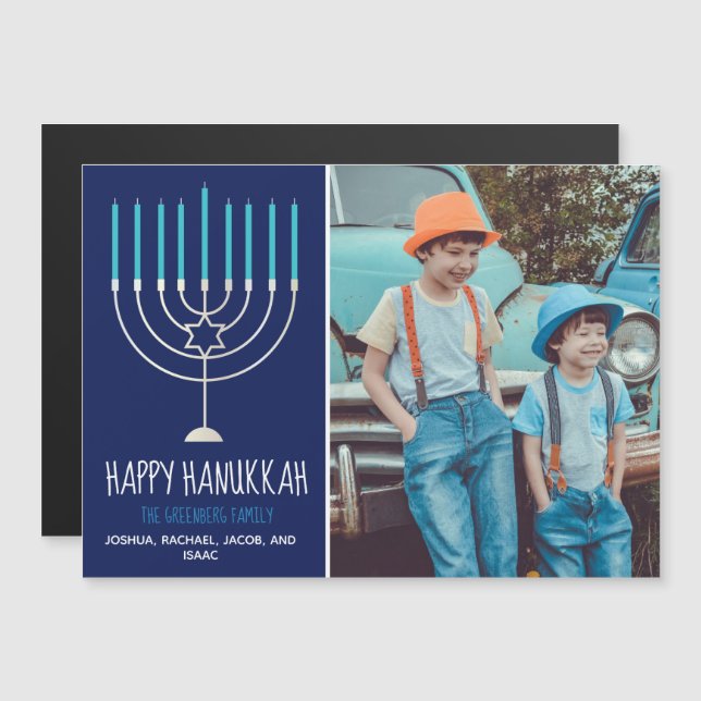 Happy Hanukkah Family Photo Blue Magnetic Card (Front/Back)