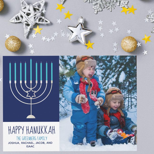 Happy Hanukkah Family Photo Blue Menorah Card (Creator Uploaded)