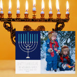 Happy Hanukkah Family Photo Blue Menorah Silver<br><div class="desc">This cute,  trendy Happy Hanukkah silver foil folded card features a beautiful menorah on a blue background. This beautiful Jewish photo holiday card features your own photograph next to your family name.</div>