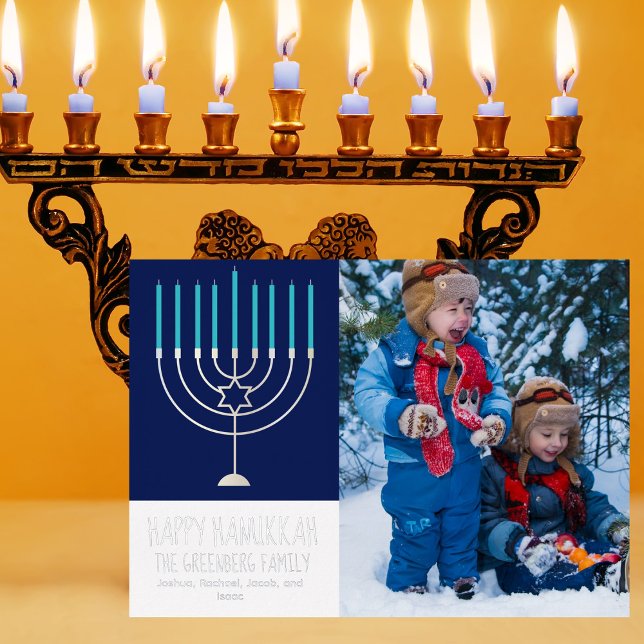 Happy Hanukkah Family Photo Blue Menorah Silver (Creator Uploaded)