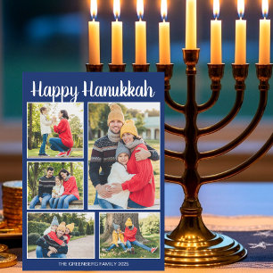 Happy Hanukkah Family Photo Collage Blue Pattern Holiday Card