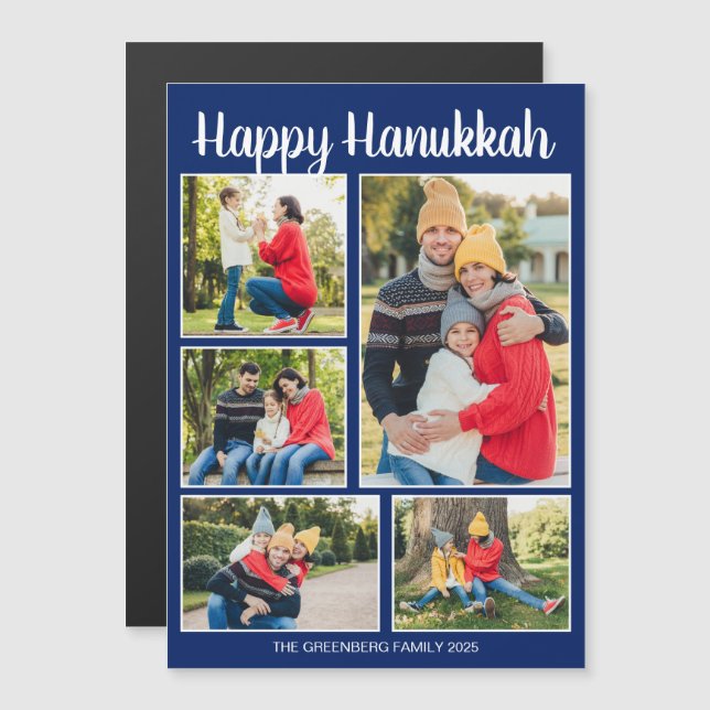 Happy Hanukkah Family Photo Collage Magnet Card (Front/Back)