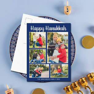 Happy Hanukkah Family Photo Collage Modern Blue Holiday Postcard