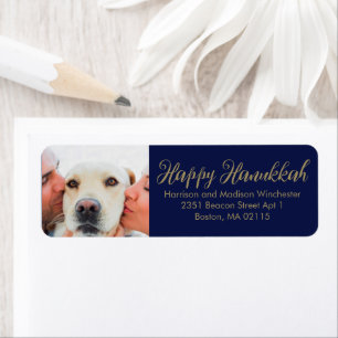 Happy Hanukkah family photo script dark navy blue 