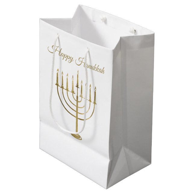 Happy Hanukkah Faux Gold Menorah White Holiday Medium Gift Bag (Front Angled)