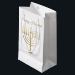 Happy Hanukkah Faux Gold Menorah White Holiday Small Gift Bag<br><div class="desc">Wrap your gifts in style this holiday season with our elegant Hanukkah gift bags. This simple but chic design features a white background with a large faux gold menorah in the centre. Above it reads "Happy Hanukkah". Designed by artists  © Tim Coffey and Susan Coffey.</div>