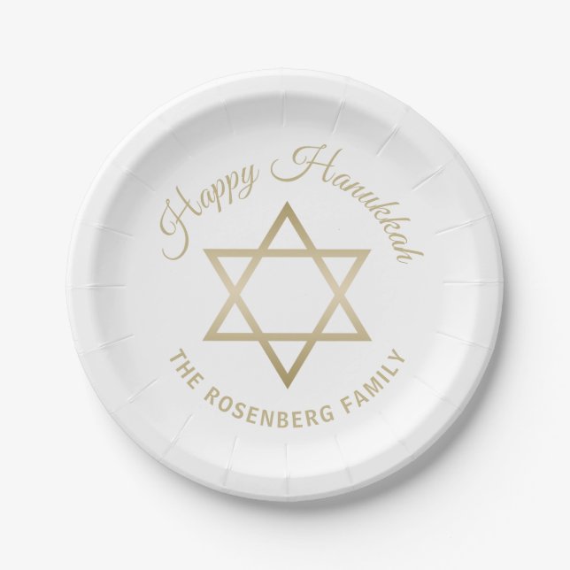 Happy Hanukkah Faux Gold Star of David Family Name Paper Plate (Front)