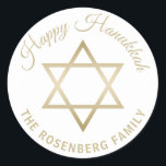 Happy Hanukkah Faux Gold Star of David White Classic Round Sticker<br><div class="desc">Accent your holiday mailings and gifts with these elegant Hanukkah stickers. The design features a faux gold Star of David on a white background in the centre. Above it reads "Happy Hanukkah" Below is your family name which may be personalised. This matches our Gold Star of David Hanukka and Chanuka...</div>