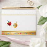Happy Hanukkah Festival of Lights Envelope<br><div class="desc">Envelope Happy Hanukkah Festival of Lights. Beautiful Jewish Holiday Greeting Card. Jewish Holiday Hanukkah Bokeh lights background with traditional Chanukah symbols - wooden dreidels (spinning top), doughnuts, menorah, candles, star of David and glowing lights wallpaper pattern. Hanukkah Festival Decoration. Jerusalem, Israel. Invitations & Stationery, Greeting Cards, Mailing Accessories, Envelopes Holiday...</div>