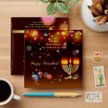 Happy Hanukkah Festival of Lights Gold 75th Envelope<br><div class="desc">Envelope Happy Hanukkah Festival of Lights. For Beautiful Holiday Greeting Card. Jewish Holiday Hanukkah Bokeh lights background with traditional Chanukah symbols - wooden dreidels (spinning top), doughnuts, menorah, candles, star of David and glowing lights wallpaper pattern. Hanukkah Festival Gold Decoration. Jerusalem, Israel. Invitations & Stationery, Greeting Cards, Mailing Accessories, Envelopes...</div>