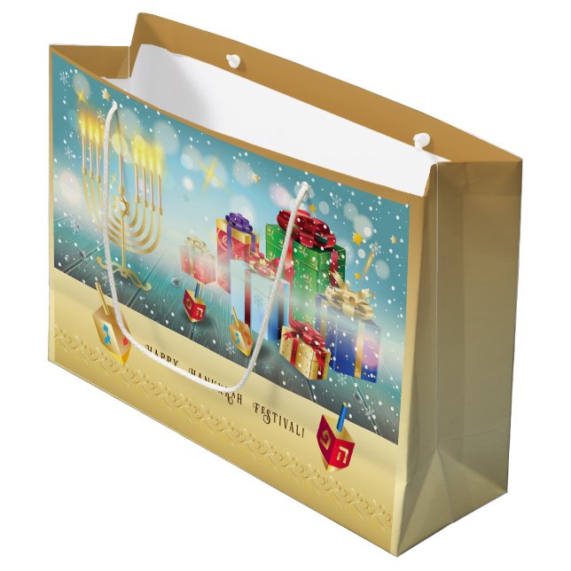 Happy Hanukkah Festival of Lights Gold Large Large Gift Bag (Front Angled)