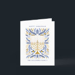 Happy Hanukkah Festive Watercolor Menorah Floral Holiday Card<br><div class="desc">Happy Hanukkah! Send Hanukkah greetings to family and friends with this elegant folded card. It features watercolor Menorah and elegant wreath foliage in a sophisticated palette of gold, light blue, and navy blue. Customise the card with your favourite message and two lines of custom text to add a personal touch...</div>