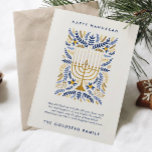 Happy Hanukkah Festive Watercolor Menorah Floral Holiday Card<br><div class="desc">Happy Hanukkah! Send Hanukkah greetings to family and friends with this elegant flat card. It features watercolor Menorah and elegant wreath foliage in a sophisticated palette of gold, light blue, and navy blue. Customise the card with your favourite message and two lines of custom text to add a personal touch...</div>