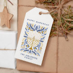 Happy Hanukkah Festive Watercolor Menorah FOLIAGE<br><div class="desc">Add a personal touch to your Hanukkah Gift with these elegant floral gift tag featuring watercolor Menorah adorned wiht elegant wheat foliage in a sophisticated palette of gold,  light blue,  and navy blue with two lines of custom text.</div>