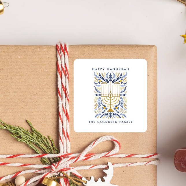 Happy Hanukkah Festive Watercolor Menorah FOLIAGE Square Sticker (HANUKKAH CANDLES MENORAH FAMILY NAME STICKER FOR GIFT)