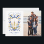 Happy Hanukkah Festive Watercolor Menorah Photo<br><div class="desc">Happy Hanukkah! Send Hanukkah greetings to family and friends with this elegant photo flat card. It features watercolor Menorah and elegant wreath foliage in a sophisticated palette of gold, light blue, and navy blue. Customise the card with your cherished vertical photo and two lines of custom text to add a...</div>