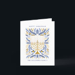 Happy Hanukkah Festive Watercolor Menorah Photo<br><div class="desc">Happy Hanukkah! Send Hanukkah greetings to family and friends with this elegant folded photo card. It features watercolor Menorah and elegant wreath foliage in a sophisticated palette of gold, light blue, and navy blue. Customise the card with your favourite message and two lines of custom text to add a personal...</div>