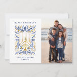 Happy Hanukkah Festive Watercolor Menorah Photo   Holiday Card<br><div class="desc">Happy Hanukkah! Send Hanukkah greetings to family and friends with this elegant photo flat card. It features watercolor Menorah and elegant wreath foliage in a sophisticated palette of gold, light blue, and navy blue. Customise the card with your cherished vertical photo and two lines of custom text to add a...</div>