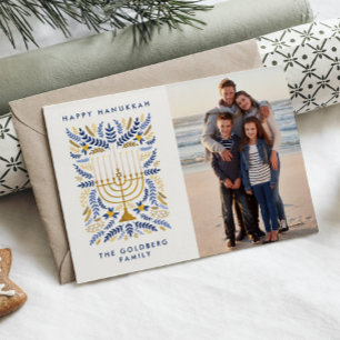 Happy Hanukkah Festive Watercolor Menorah Photo Holiday Card