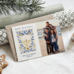 Happy Hanukkah Festive Watercolor Menorah Photo   Holiday Postcard<br><div class="desc">Happy Hanukkah! Send Hanukkah greetings to family and friends with this elegant photo postcard. It features watercolor Menorah and elegant wreath foliage in a sophisticated palette of gold, light blue, and navy blue. Customise the card with your cherished vertical photo and two lines of custom text to add a personal...</div>