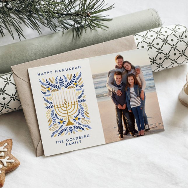Happy Hanukkah Festive Watercolor Menorah Photo   Holiday Postcard (ELEGANT HANUKKAH PHOTO POSTCARD WITH WHEAT LEAVES AND MENORAH )