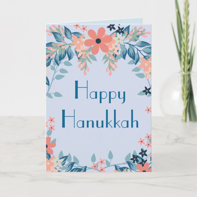 Happy Hanukkah Floral Blue and Pink Floral Holiday Card (Front)