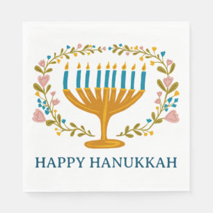 HAPPY HANUKKAH Floral MENORAH Jewish Holiday  Napkin